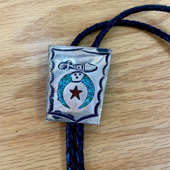 Vintage SHRINER Sterling Silver Navajo Stamp Inlay Turquoise Native Am Bolo Tie